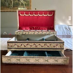 Vintage jewelry box 2 tier leather wrapped unique painting leather wrapped 12x8”